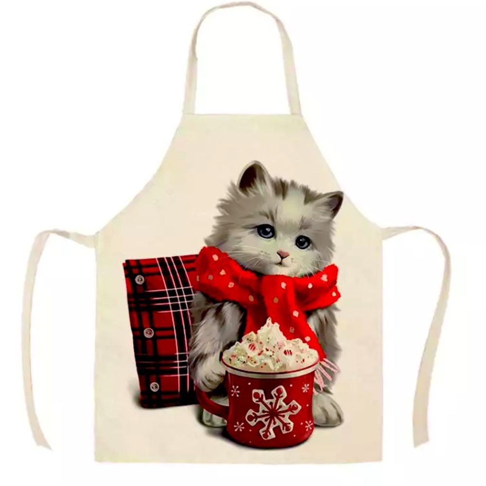 Gray Kitty Christmas apron w hot cocoa and scarf